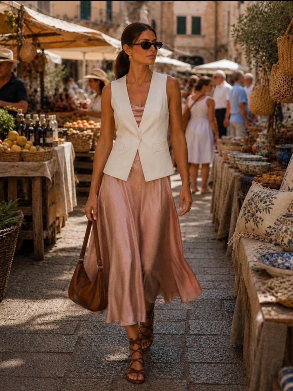 Blush Pink Cotton Fit & Flare Midi Dress Draped Bodice, Tara Jarmon, FR 40, US 8 - Picture 11 of 14